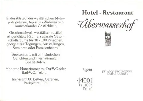 Muenster Westfalen Hotel Restaurant ueberwasserhof Kat. Muenster