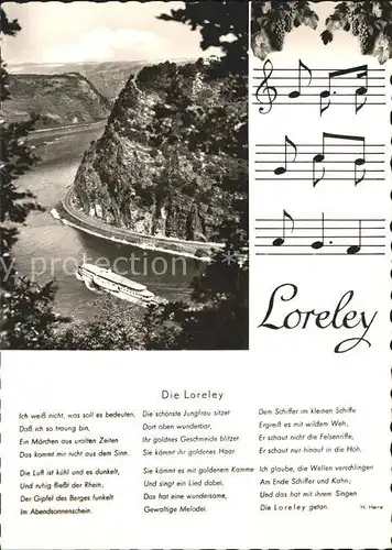Loreley Lorelei Rhein Dampfer Felsen Noten Gedicht Heinrich Heine Kat. Sankt Goarshausen