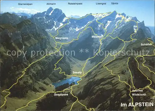 Alpstein Panoramakarte mit Seealpsee Meglisalp Mesmer Schaefler Wildkirchli Kat. Alpstein