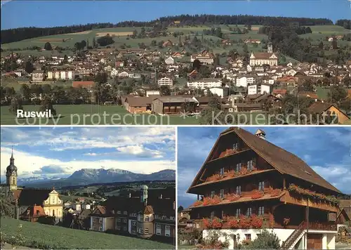 Ruswil Panorama Kirche mit Pilatus Bauernhaus Kat. Ruswil