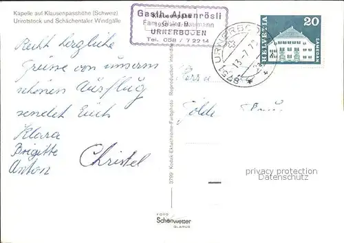 Klausenpass Kapelle mit Kreuz Urirotstock und Schaechentaler Windgaelle Kat. Klausen