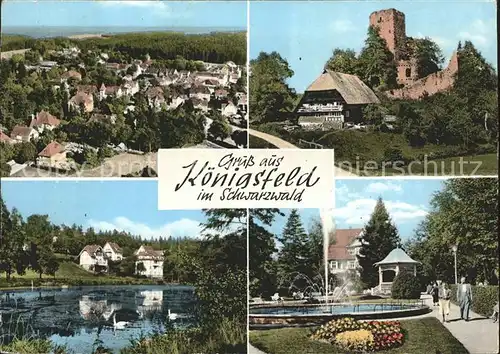 Koenigsfeld Schwarzwald Ortsblick Ruine Schwanenteich Springbrunnen Kat. Koenigsfeld im Schwarzwald