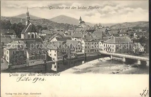 Gernsbach Ortsansicht mit beiden Kirchen Kat. Gernsbach