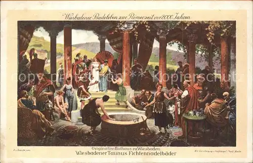 Wiesbaden Wiesbadener Taunus Fichtennadelbaeder zur Roemerzeit vor 2000 Jahren Original Gemaelde im Rathaus Kat. Wiesbaden