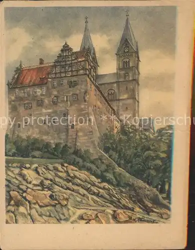 Quedlinburg Schloss mit Dom von Sueden Kuenstlerkarte Tempera von M. Schewe Nr. 5 Kat. Quedlinburg