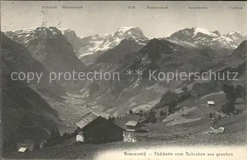 Braunwald GL Berghuette Toedikette vom Rubschen aus gesehen Alpenpanorama Kat. Braunwald