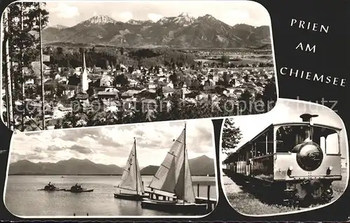 Prien Chiemsee Gesamtansicht mit Alpenpanorama Segelboot Zug Kat. Prien a.Chiemsee