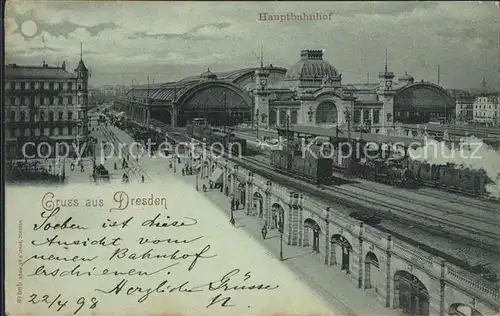 Dresden Hauptbahnhof im Mondschein Eisenbahn Dampflokomotive Deutsche Reichspost Kat. Dresden Elbe