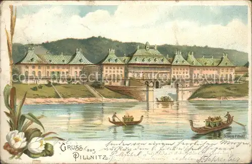 Pillnitz Schloss Elbe Boot Blume Kuenstlerkarte Kat. Dresden
