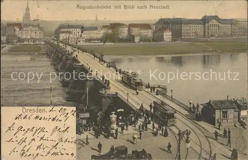 Dresden Augustusbruecke mit Blick nach Neustadt Strassenbahn Kat. Dresden Elbe