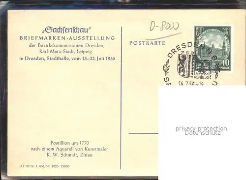 Dresden 750 Jahrfeier Sachsenschau Briefmarken Ausstellung Postillion um 1770 Wappen Aquarell von Kuenstler KW Schmidt Kat. Dresden Elbe