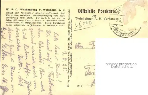 Weinheim Bergstrasse WSC Wachenburg Offizielle Postkarte Weinheimer AH Verband Kat. Weinheim