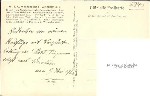Weinheim Bergstrasse WSC Wachenburg und Burg Windeck Offizielle Postkarte Weinheimer AH Verband Kat. Weinheim