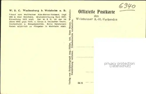 Weinheim Bergstrasse Grosser Festsaal WSC Wachenburg Fahnen Offizielle Postkarte Weinheimer AH Verband Kat. Weinheim