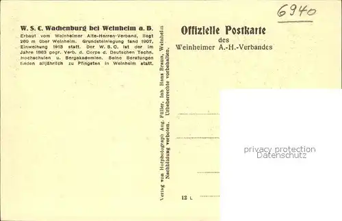 Weinheim Bergstrasse Stammtisch Unterkunftsraum WSC Wachenburg Offizielle Postkarte Weinheimer AH Verband Kat. Weinheim