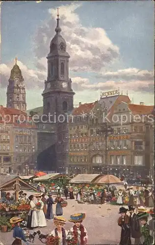 Dresden Altmarkt mit Blumenmarkt Kreuzkirche und Rathausturm Kat. Dresden Elbe