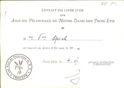 Trois Epis Haut Rhin Elsass Pelerinage de Notre Dame Eglise Extrait du Livre d Or Kuenstlerkarte Kat. Ammerschwihr