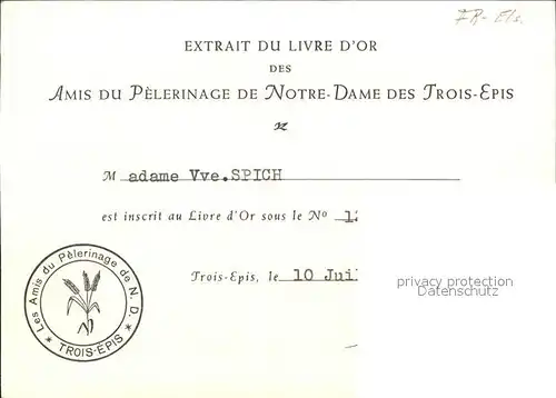 Trois Epis Haut Rhin Elsass Pelerinage de Notre Dame Eglise Extrait du Livre d Or Kuenstlerkarte Kat. Ammerschwihr