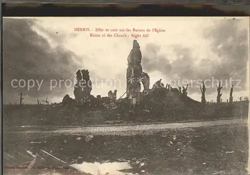 Merris Effet de nuit sur les Ruines de l Eglise Grande Guerre Kat. Merris