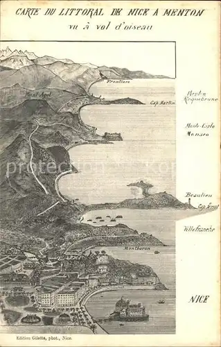 Nice Alpes Maritimes Carte du Littoral de Nice a Menton a vol d oiseau Kat. Nice