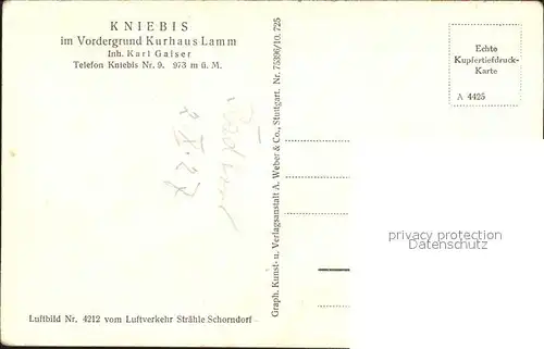Kniebis Freudenstadt Kurhaus Lamm Kupfertiefdruck Straehle Luftbild Nr. 4212 Kat. Freudenstadt