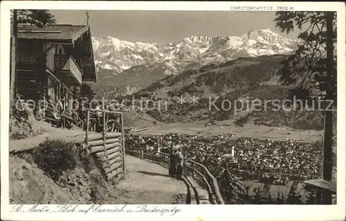 Garmisch Partenkirchen Bergrestaurant St Martin Talblick Dreitorspitze Wettersteingebirge Kupfertiefdruck Kat. Garmisch Partenkirchen