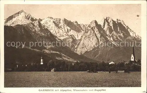 Garmisch Partenkirchen mit Alpspitze Waxenstein und Zugspitze Wettersteingebirge Kat. Garmisch Partenkirchen