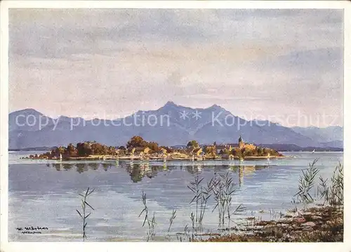 Fraueninsel Chiemsee in der Abendsonne Kuenstlerkarte M. Maertens Kat. Chiemsee