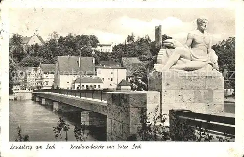 Landsberg Lech Karolinenbruecke mit Vater Lech Skulptur Kupfertiefdruck Kat. Landsberg am Lech