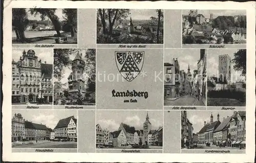 Landsberg Lech Lechwehr Promenade Bayertor Rathaus Turm Platz Strasse Wappen Kat. Landsberg am Lech