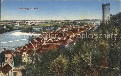 Landsberg Lech Blick ueber die Altstadt Lechwehr Jungfernsprung Turm Kat. Landsberg am Lech