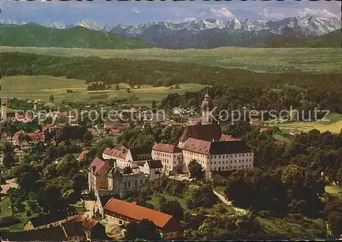 Kloster Andechs mit Alpenpanorama Fliegeraufnahme Kat. Andechs