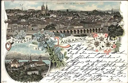 Lausanne VD Grand Pont Le Chateau et la Cathedrale Litho Kat. Lausanne