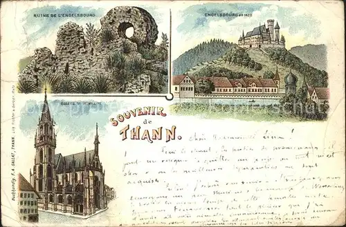 Thann Haut Rhin Elsass Ruine Engelsbourg Eglise Thiefbaut Litho Kat. Thann