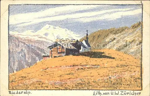 Riederalp Kirche Kuenstlerkarte Lith von U W Zuericher Kat. Riederalp