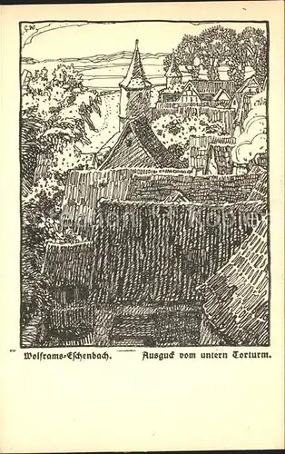 Wolframs-Eschenbach Ausguck vom unteren Torturm Federzeichnung / Wolframs-Eschenbach /Ansbach LKR