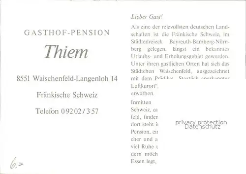 Langenloh Waischenfeld Gasthof Pension Thiem  Kat. Waischenfeld