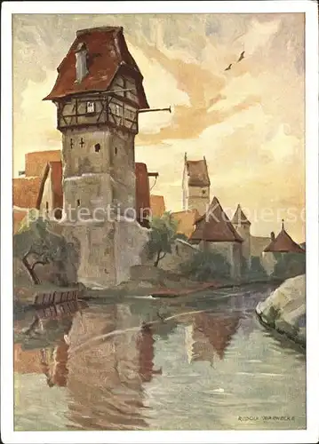 Dinkelsbuehl Kuenstlerkarte Nr. 4 Rudolf Warnecke Baeuerlins Henkersturm am Muehlgraben Kat. Dinkelsbuehl