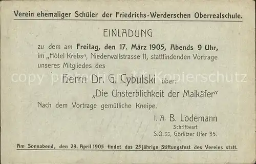 Berlin Einladung Schuelerverein Friedrichs Werderschen Oberrealschule Kat. Berlin