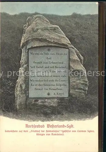 Westerland Sylt Gedenkstein Friedhof der Heimatlosen Kat. Westerland