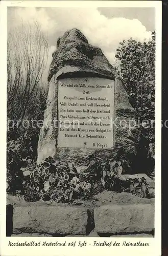 Westerland Sylt Gedenkstein Friedhof der Heimatlosen Kat. Westerland