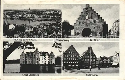 Flensburg Blick auf Stadt und Hafen Nordertor Schloss Gluecksburg Suedermarkt Kat. Flensburg