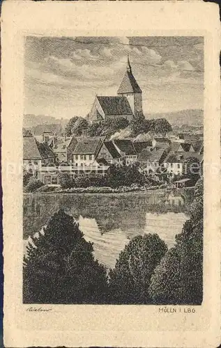 Moelln Lauenburg Ortsblick mit Kirche Zeichnung Kat. Moelln