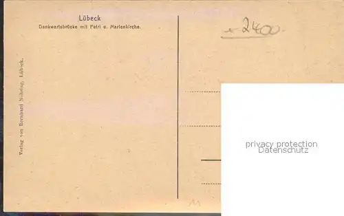 Luebeck Denkwartsbruecke Petri  und Marienkirche Zeichnung W. Schodde  Kat. Luebeck