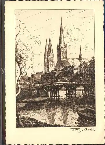 Luebeck Dankwartsbruecke Petri  und Marienkirche Zeichnung Wilhelm Schodde Kat. Luebeck
