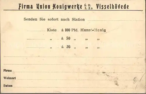 Visselhoevede Firma Union Konigwerke Bestellkarte Kat. Visselhoevede