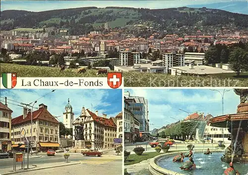 La Chaux de Fonds Teilansichten Brunnen Wappen Kat. La Chaux de Fonds