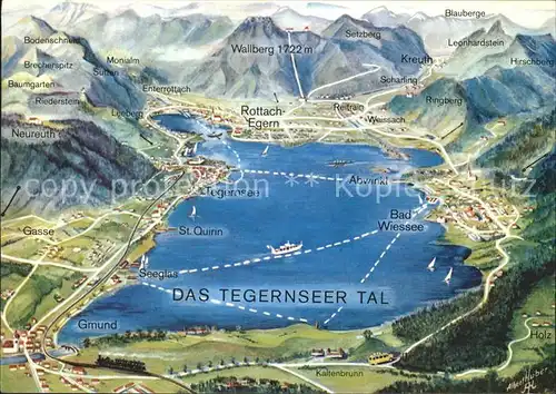 Tegernsee Landkarte mit Rottach Egern Alpen Kat. Tegernsee