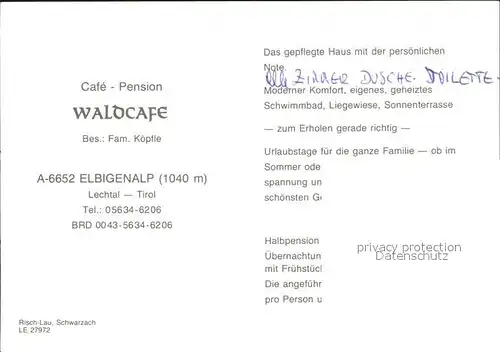 Elbigenalp Cafe Pension Waldcafe Kat. Elbigenalp Lechtal Tirol