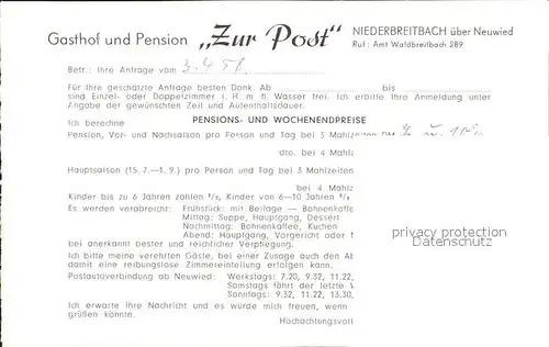 Niederbreitbach Gasthof Pension zur Post Terrasse Schlafzimmer Wiedbachtal  Kat. Niederbreitbach